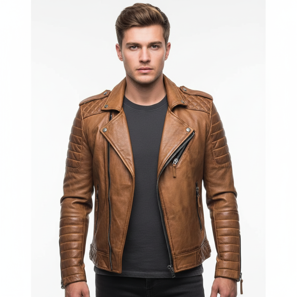 Noah | Men's Leather Jacket With Asymmetric Zip And Quilted Sleeves | Biker