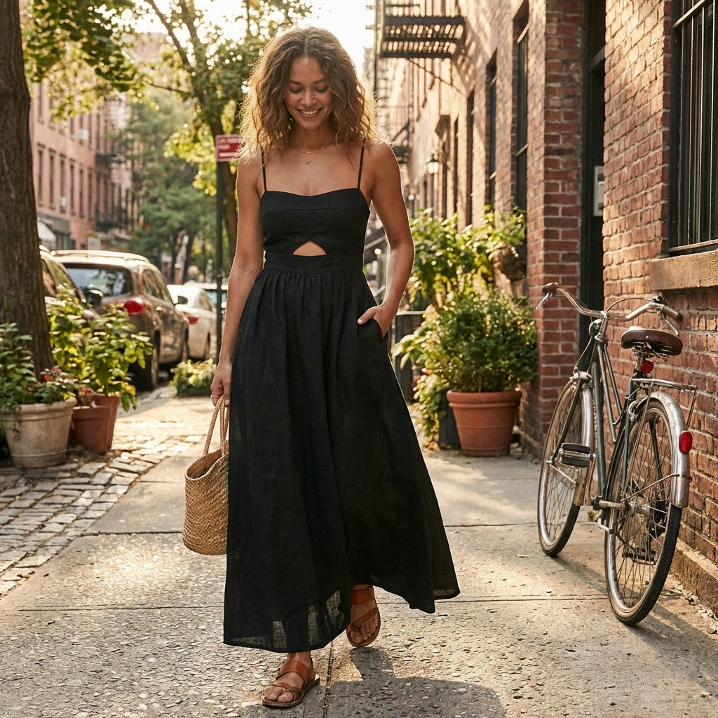 Nora | Women’s Day Dress With Spaghetti Straps And Front Cut-Out Detail | Maxi