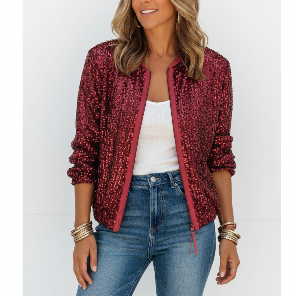 Olivia | Women's Bomber Jacket With Sequin Texture And Zip Closure | Glamorous