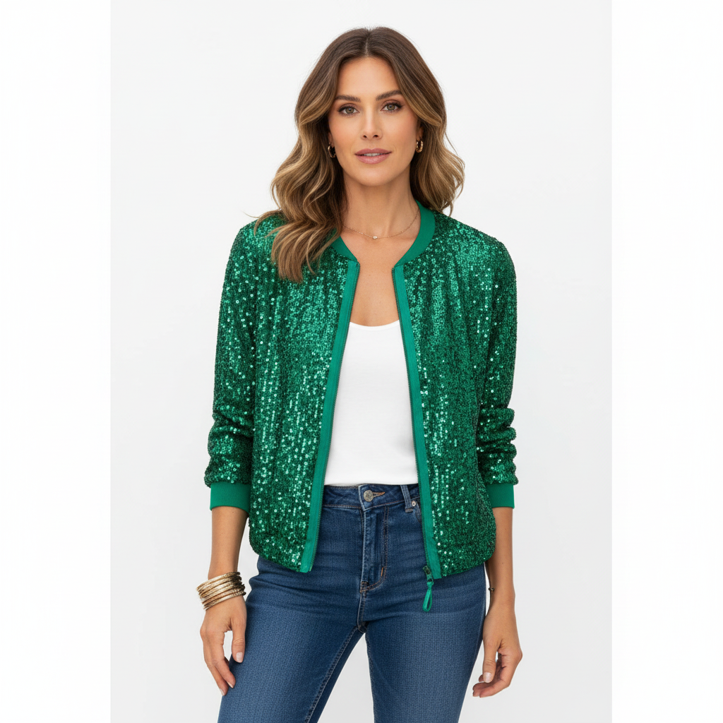 Olivia | Women's Bomber Jacket With Sequin Texture And Zip Closure | Glamorous
