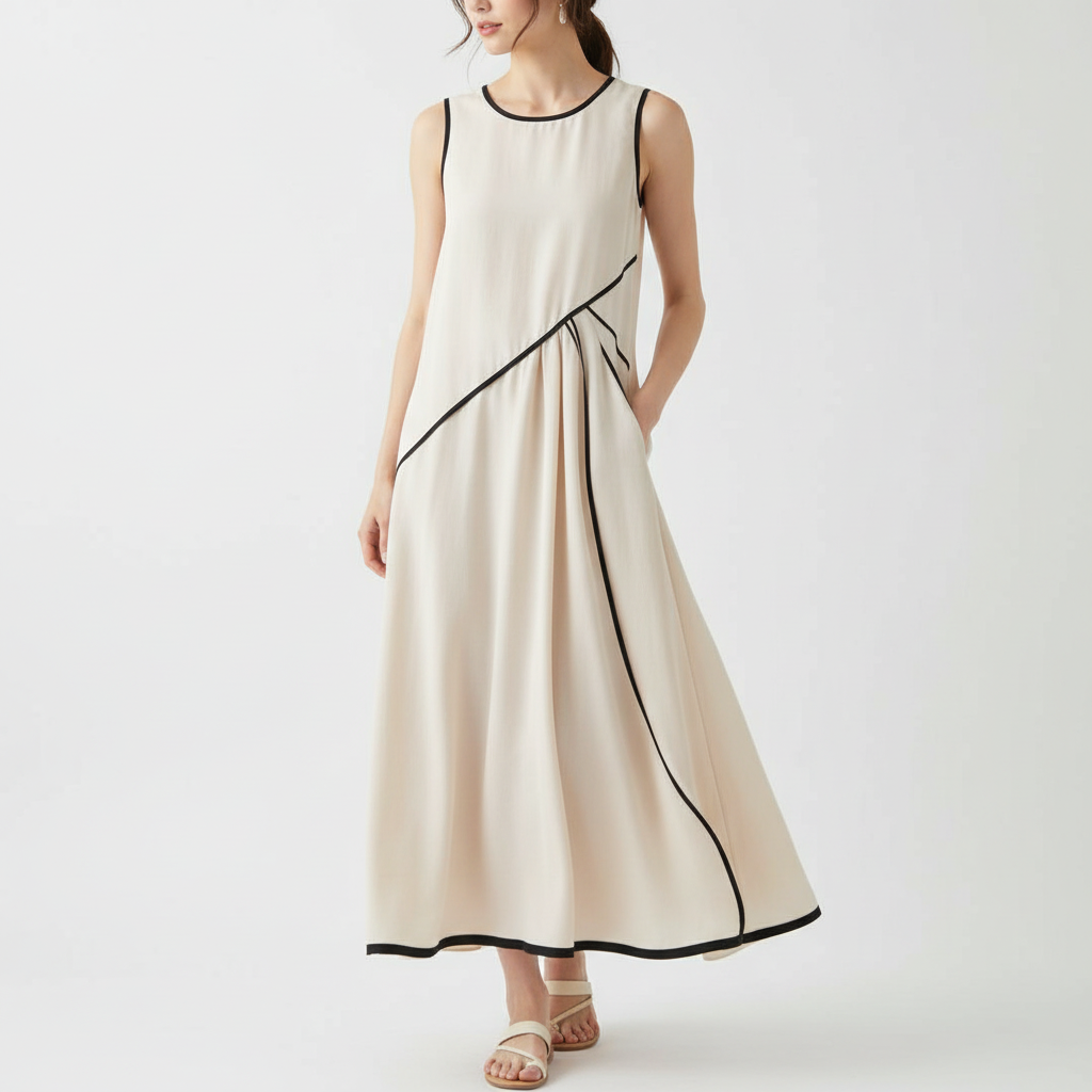 Olivia | Women's Draped Maxi Dress With Round Neck And Sleeveless Design | Elegant