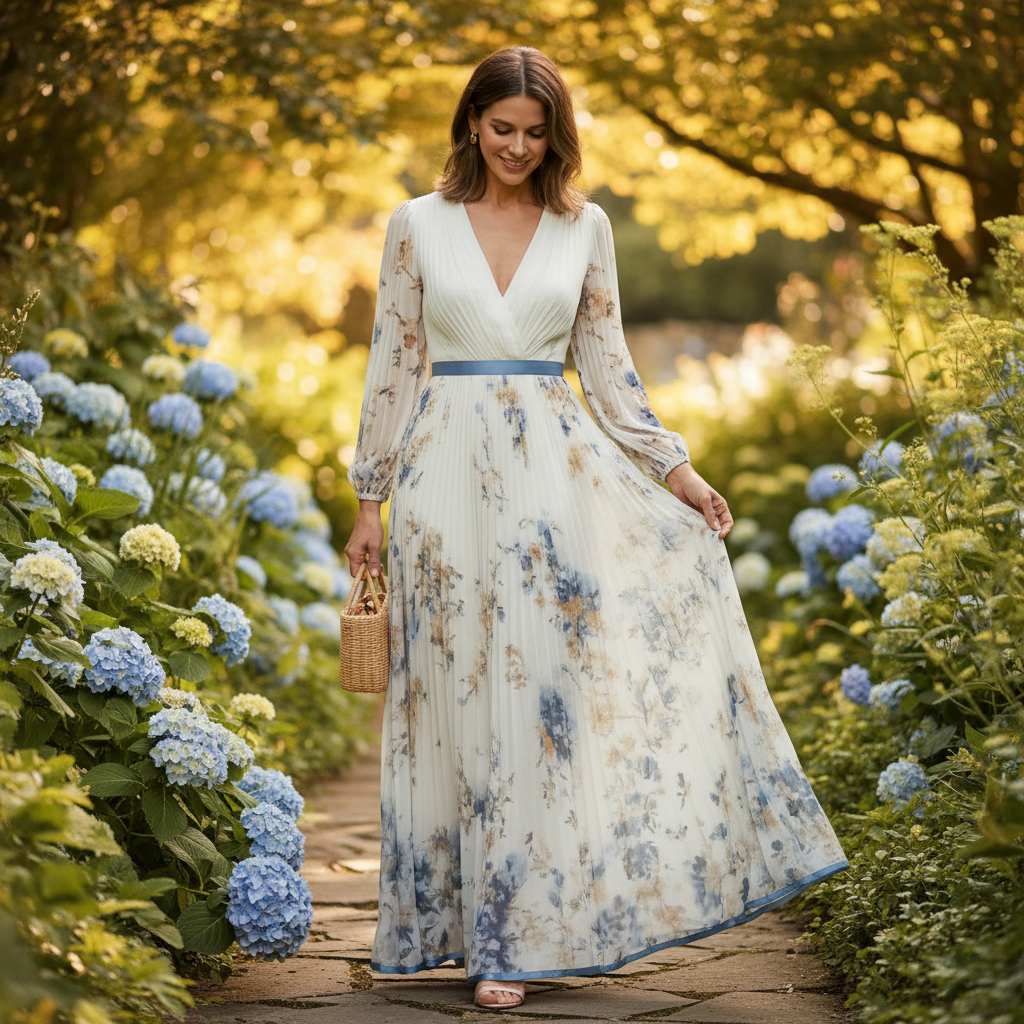 Olivia | Women's Floral Maxi Dress With Pleated Design And V-Neck | Elegant
