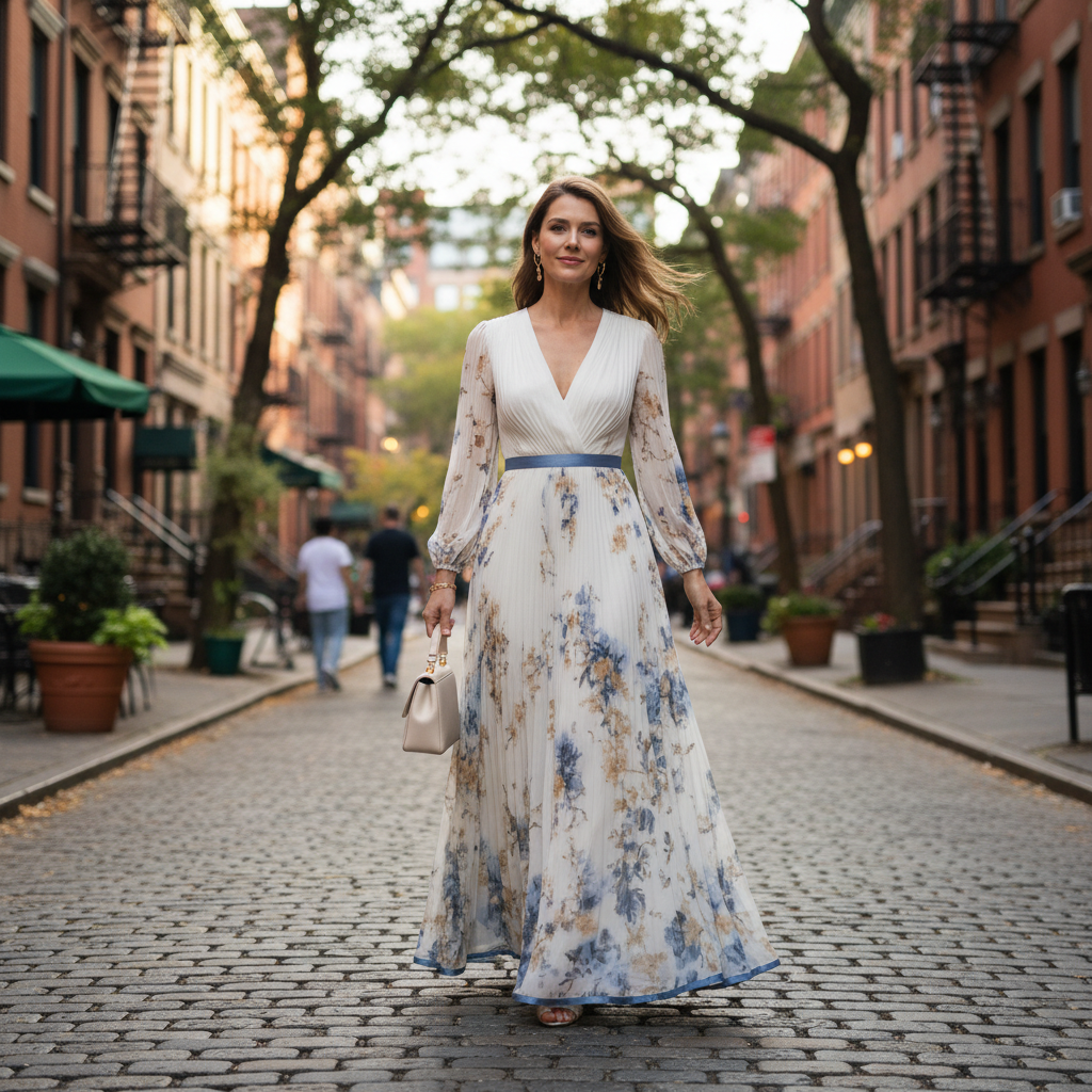 Olivia | Women's Floral Maxi Dress With Pleated Design And V-Neck | Elegant