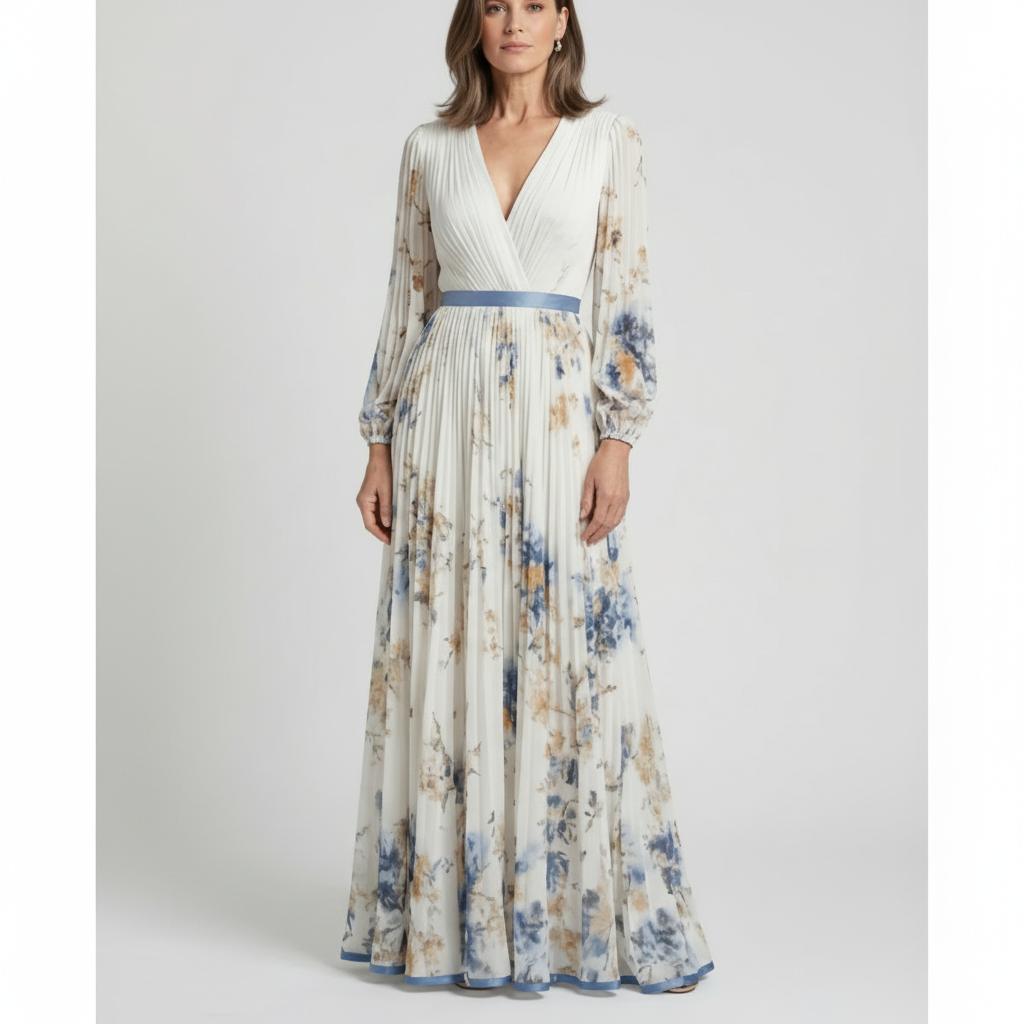 Olivia | Women's Floral Maxi Dress With Pleated Design And V-Neck | Elegant