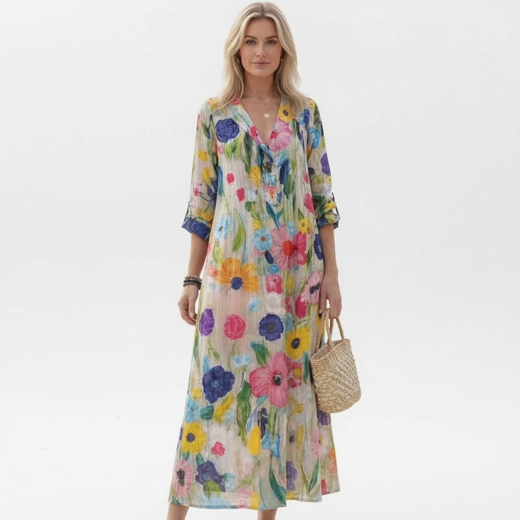 Olivia | Women's Floral Maxi Dress With V-Neck And Short Sleeves | Elegant