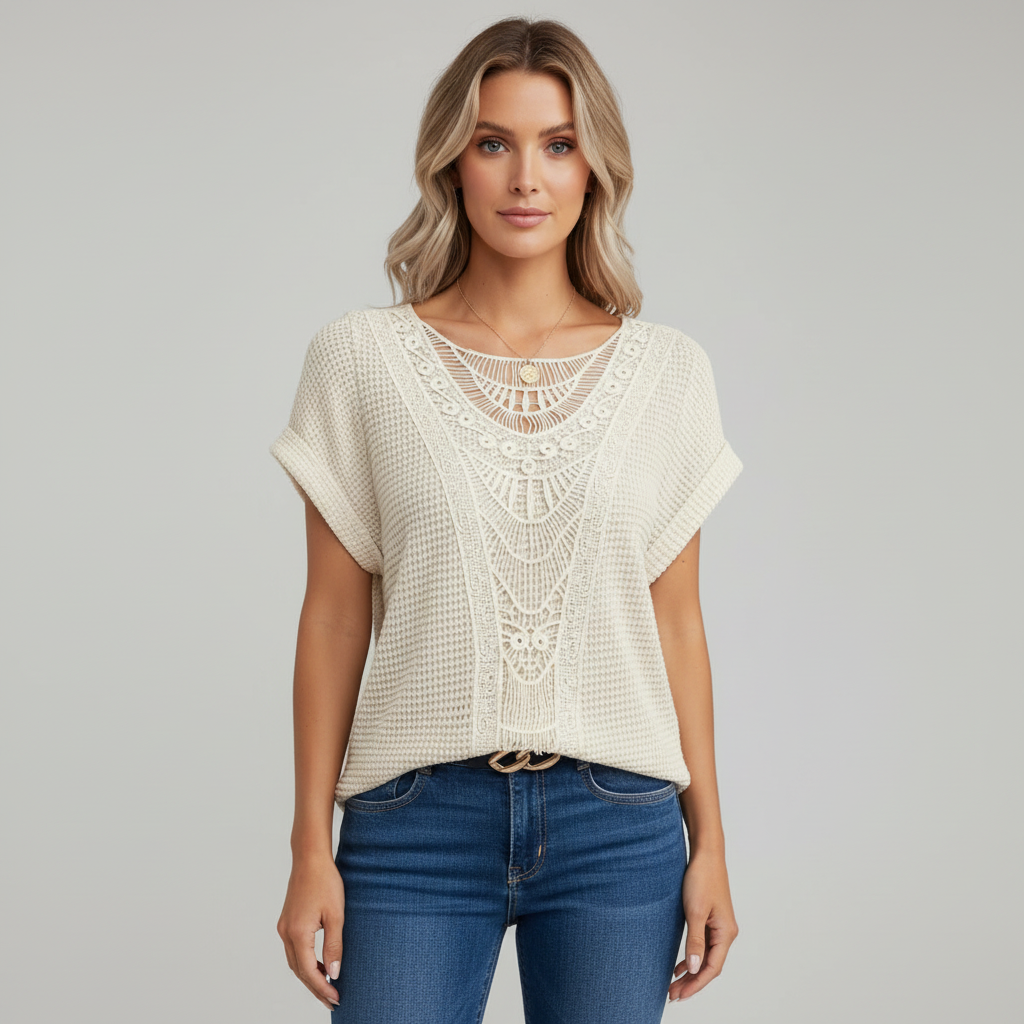 Olivia | Women's Lace Top With Openwork Detail And Short Sleeves | Bohemian