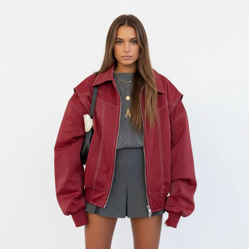 Olivia | Women's Leather Jacket With Zip Closure And Exposed Seams | Streetwear