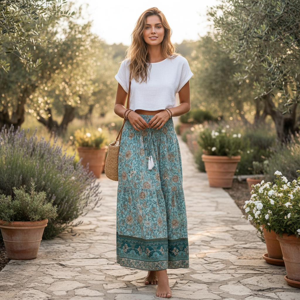 Olivia | Women's Maxi Skirt With Pleated Design And Drawstring Waist | Bohemian