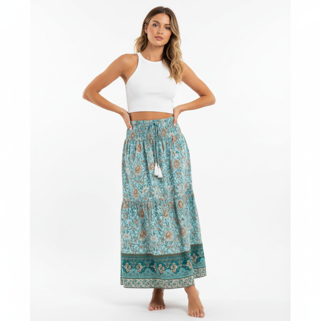 Olivia | Women's Maxi Skirt With Pleated Design And Drawstring Waist | Bohemian