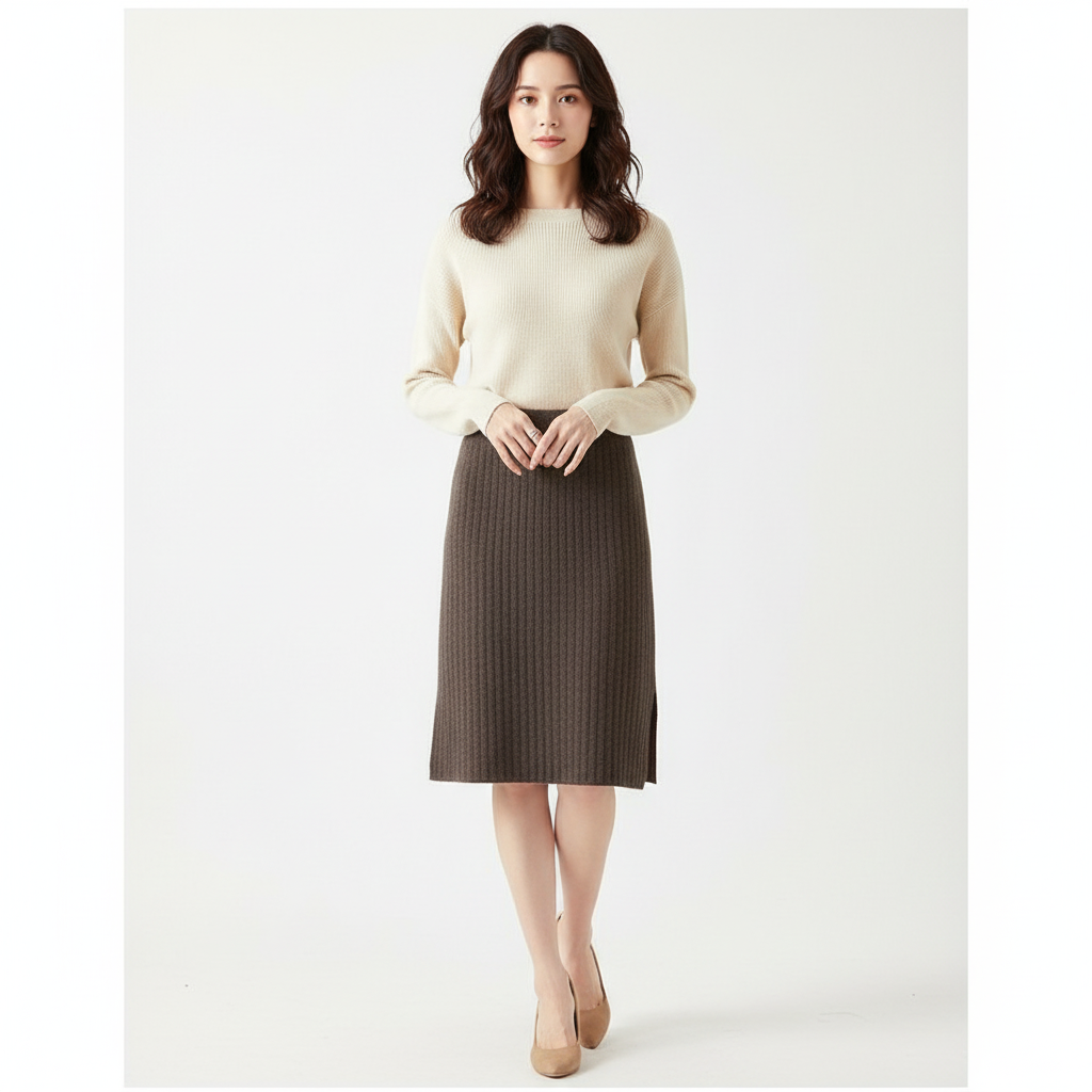 Olivia | Women's Midi Skirt With Ribbed Texture And Side Slit | Casual