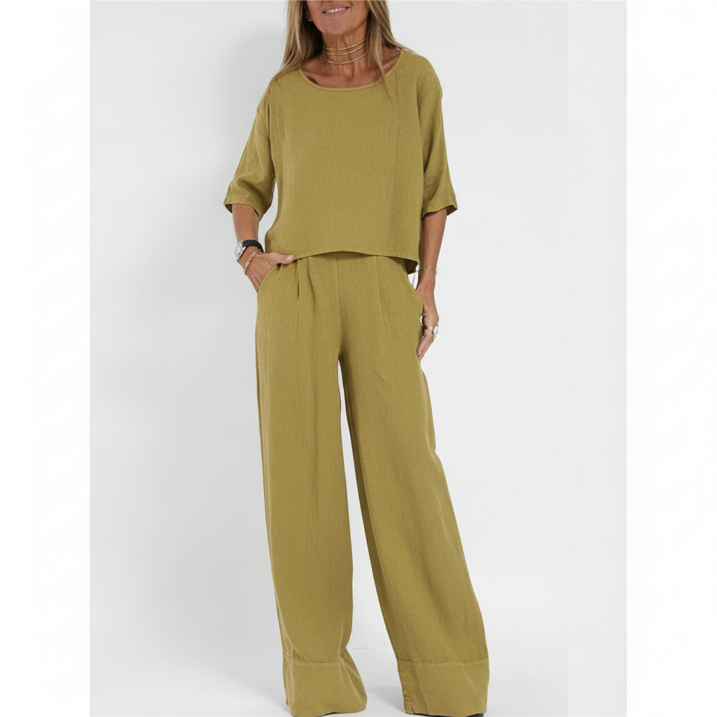 Olivia | Women's Outfit Set With Short Sleeve Top And Wide Leg Pants | Casual