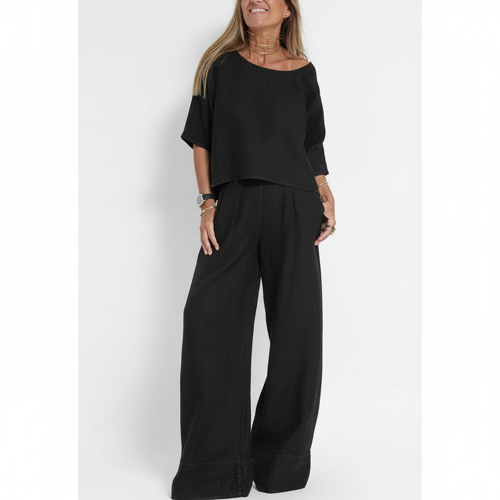 Olivia | Women's Outfit Set With Short Sleeve Top And Wide Leg Pants | Casual