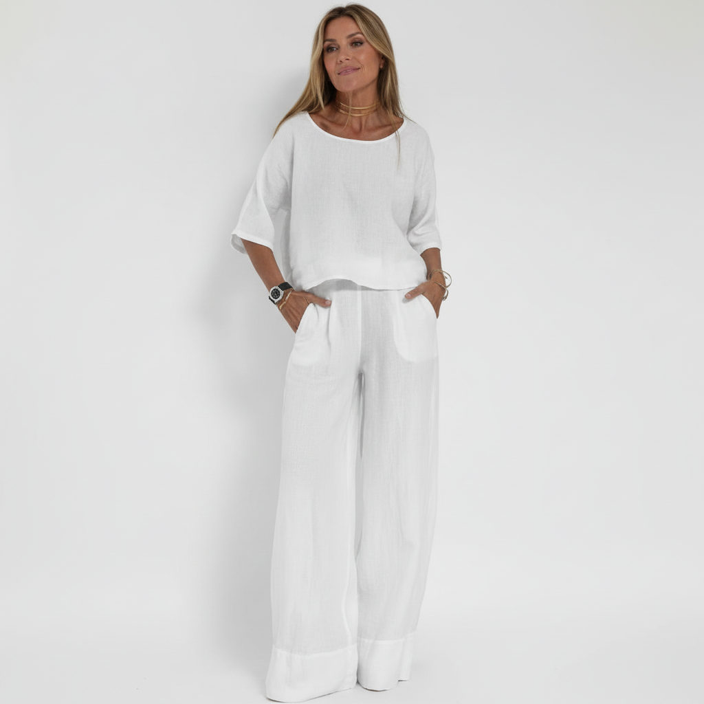 Olivia | Women's Outfit Set With Short Sleeve Top And Wide Leg Pants | Casual