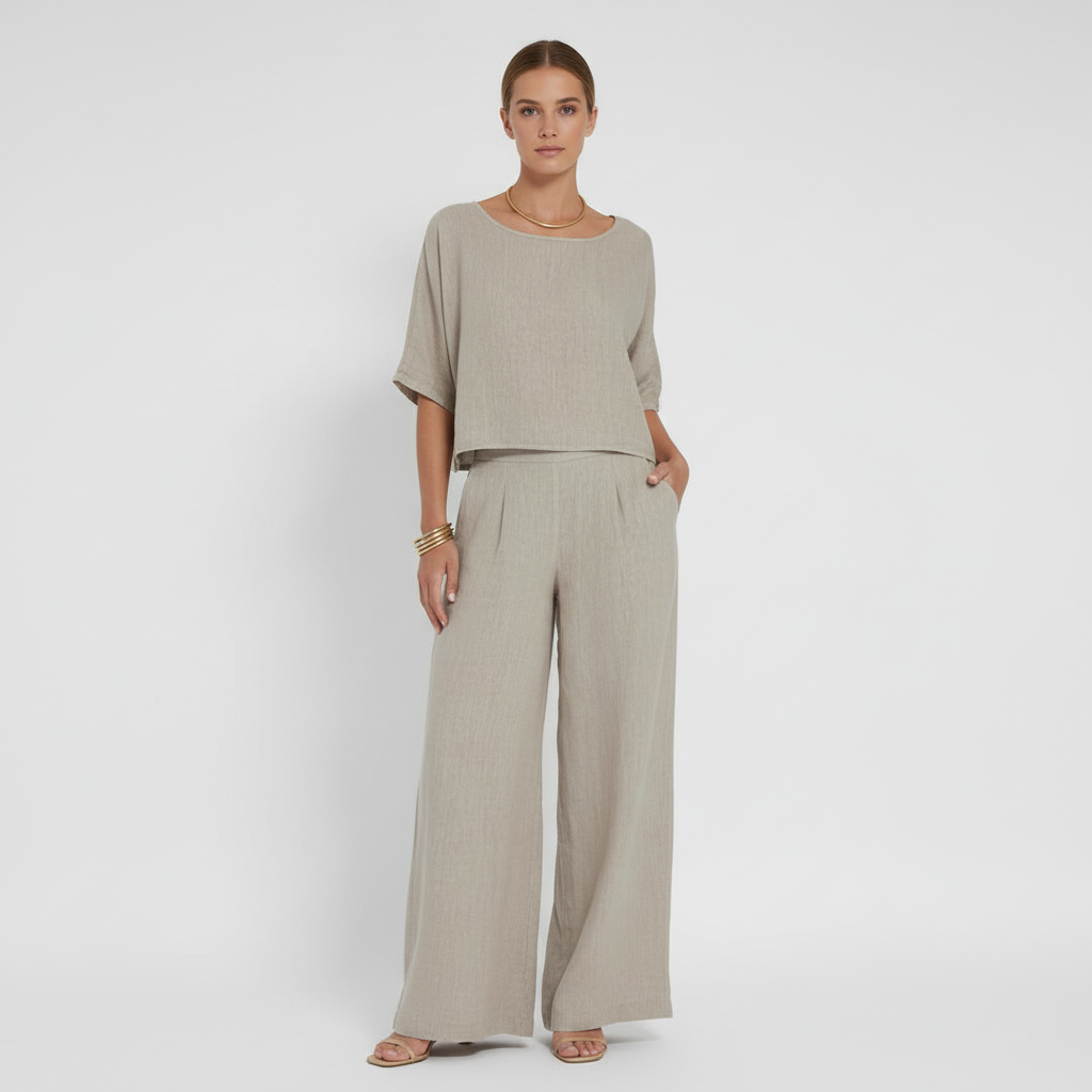 Olivia | Women's Outfit Set With Short Sleeve Top And Wide Leg Pants | Casual