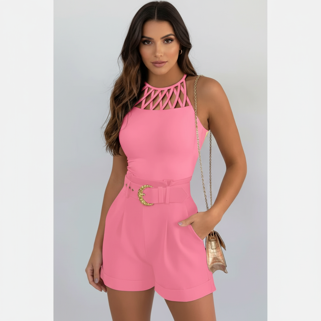 Olivia | Women's Romper With High Neck And Belt Detail | Chic