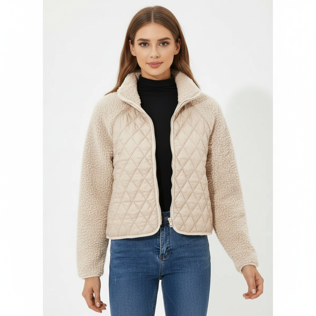 Olivia | Women's Sherpa Jacket With Quilted Panels And Zip Closure | Casual