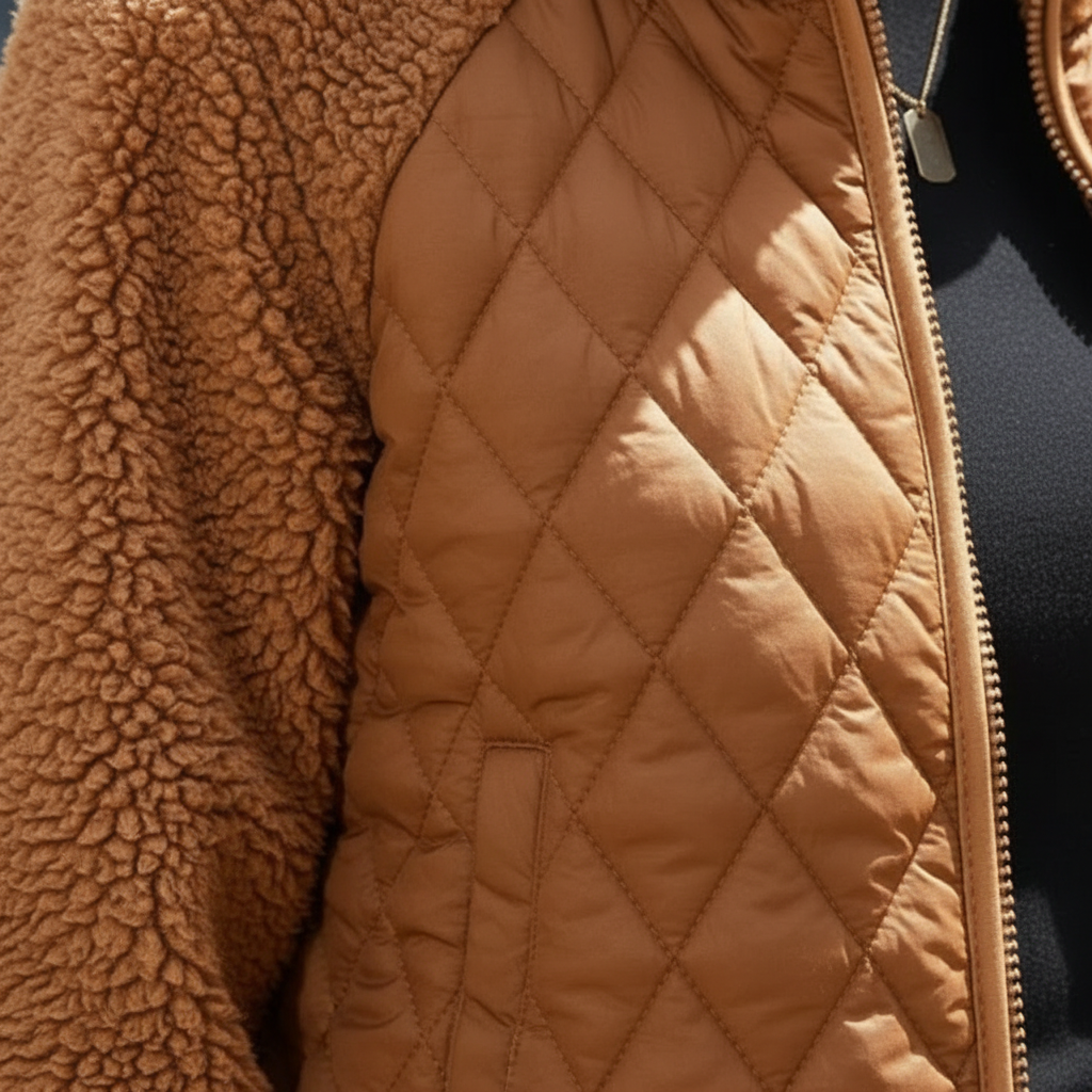Olivia | Women's Sherpa Jacket With Quilted Panels And Zip Closure | Casual