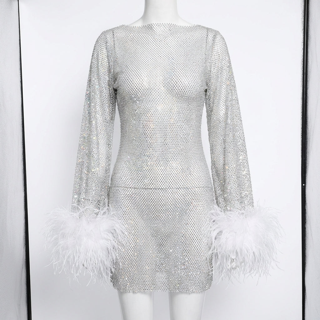 Olivia | Women's Sparkle Midi Dress With Feather Cuffs And Long Sleeves | Glamorous