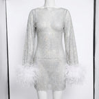Olivia | Women's Sparkle Midi Dress With Feather Cuffs And Long Sleeves | Glamorous