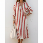 Olivia | Women's Striped Midi Shirt Dress With Button Front And Long Sleeves | Casual