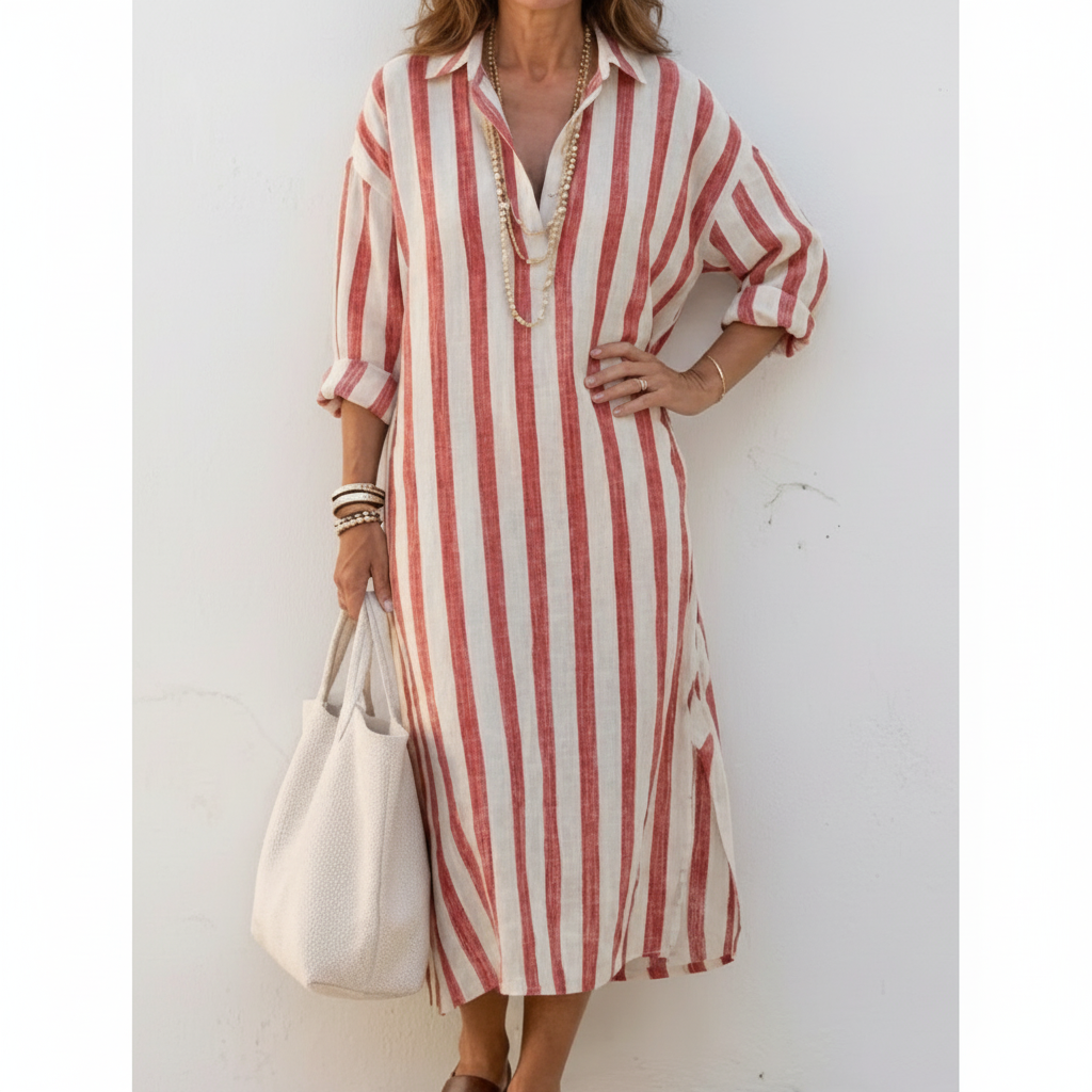 Olivia | Women's Striped Midi Shirt Dress With Button Front And Long Sleeves | Casual