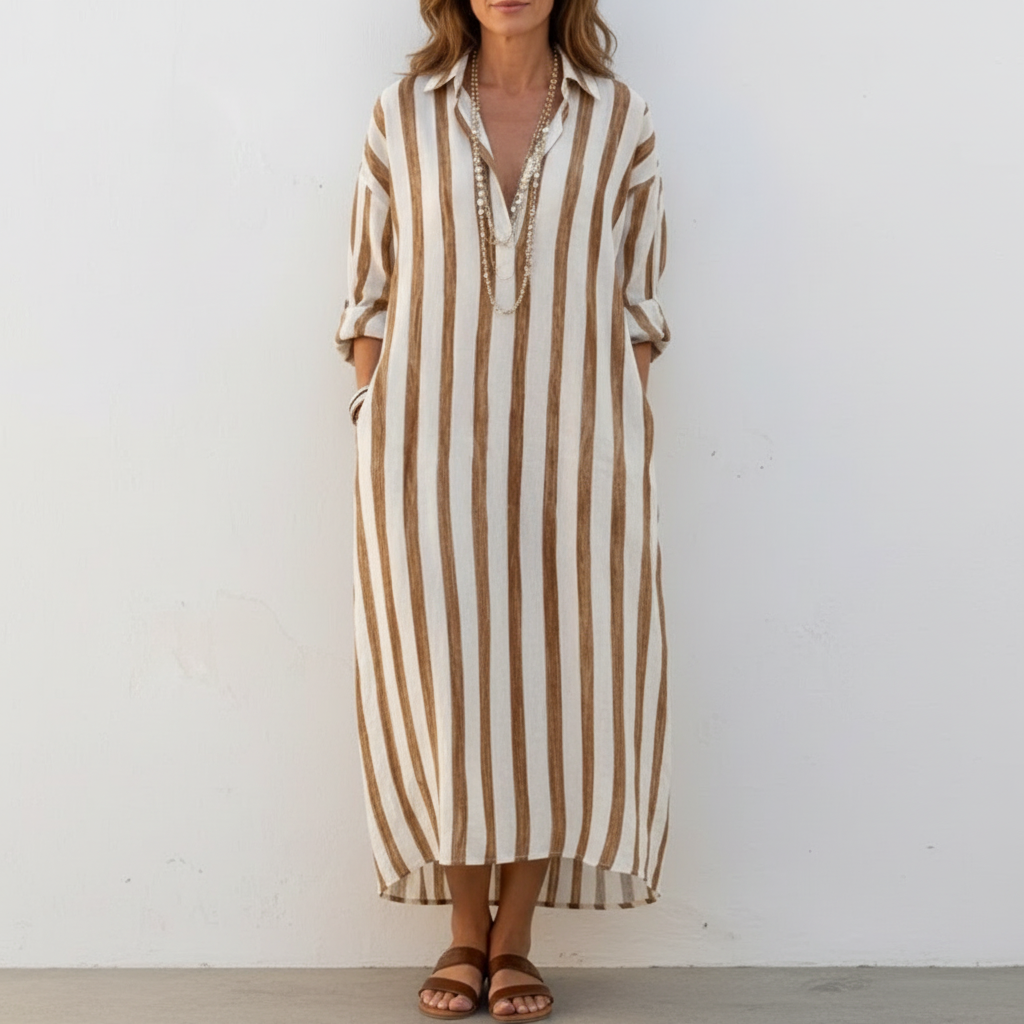 Olivia | Women's Striped Midi Shirt Dress With Button Front And Long Sleeves | Casual