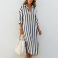 Olivia | Women's Striped Midi Shirt Dress With Button Front And Long Sleeves | Casual
