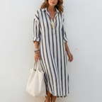 Olivia | Women's Striped Midi Shirt Dress With Button Front And Long Sleeves | Casual