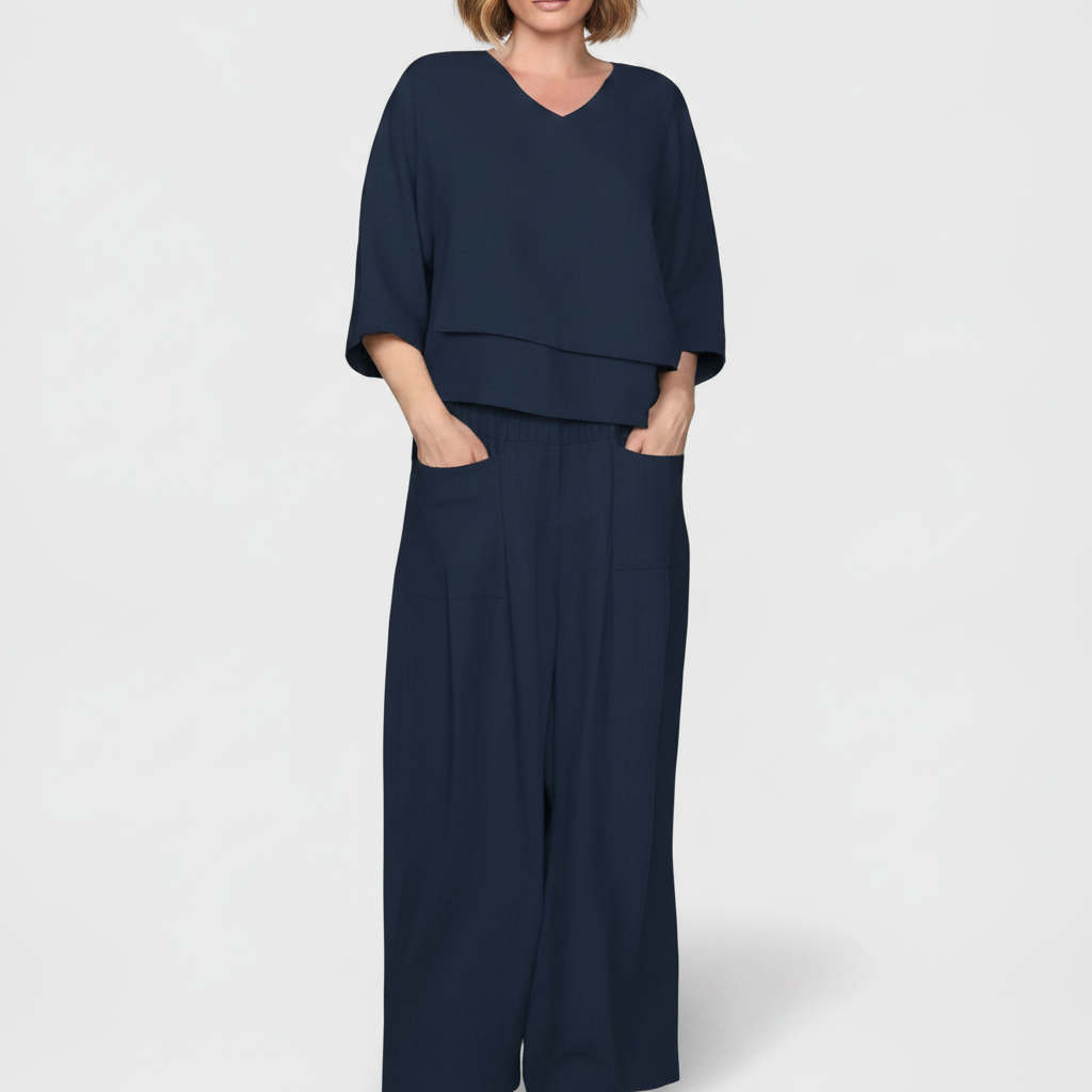 Olivia | Women's Two Piece Set With V Neck And Wide Leg Pants | Casual