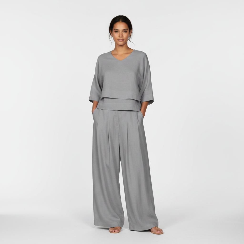 Olivia | Women's Two Piece Set With V Neck And Wide Leg Pants | Casual