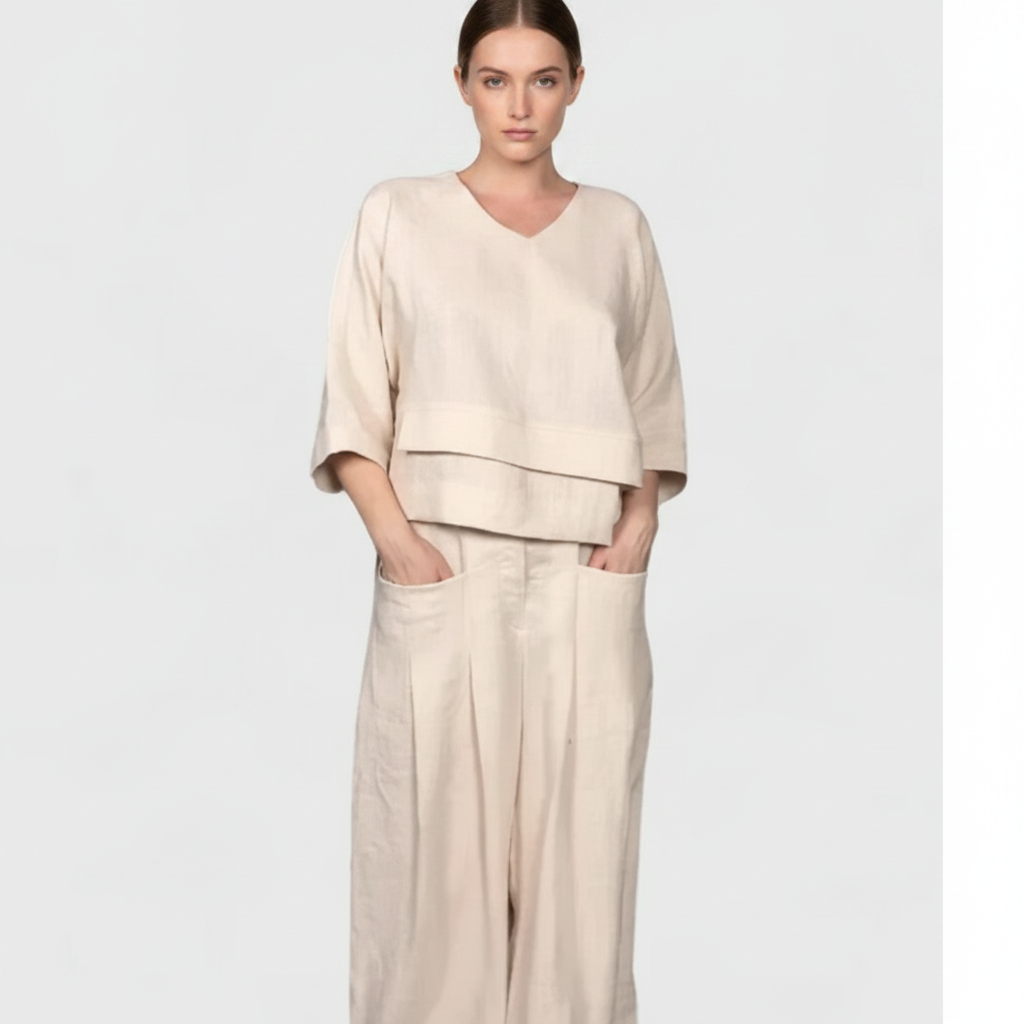 Olivia | Women's Two Piece Set With V Neck And Wide Leg Pants | Casual