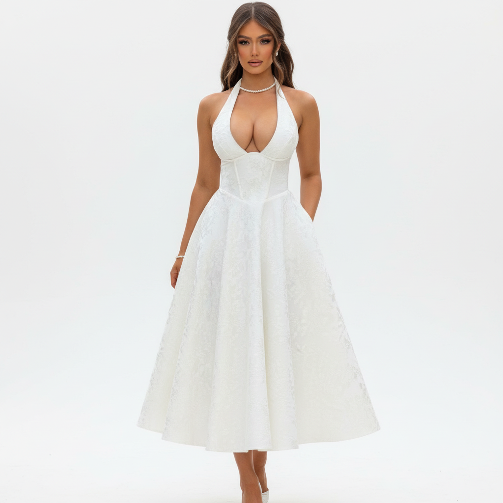 Olivia | Women's Wedding Guest Dress With Halter Neck And Pleated Skirt | Elegant