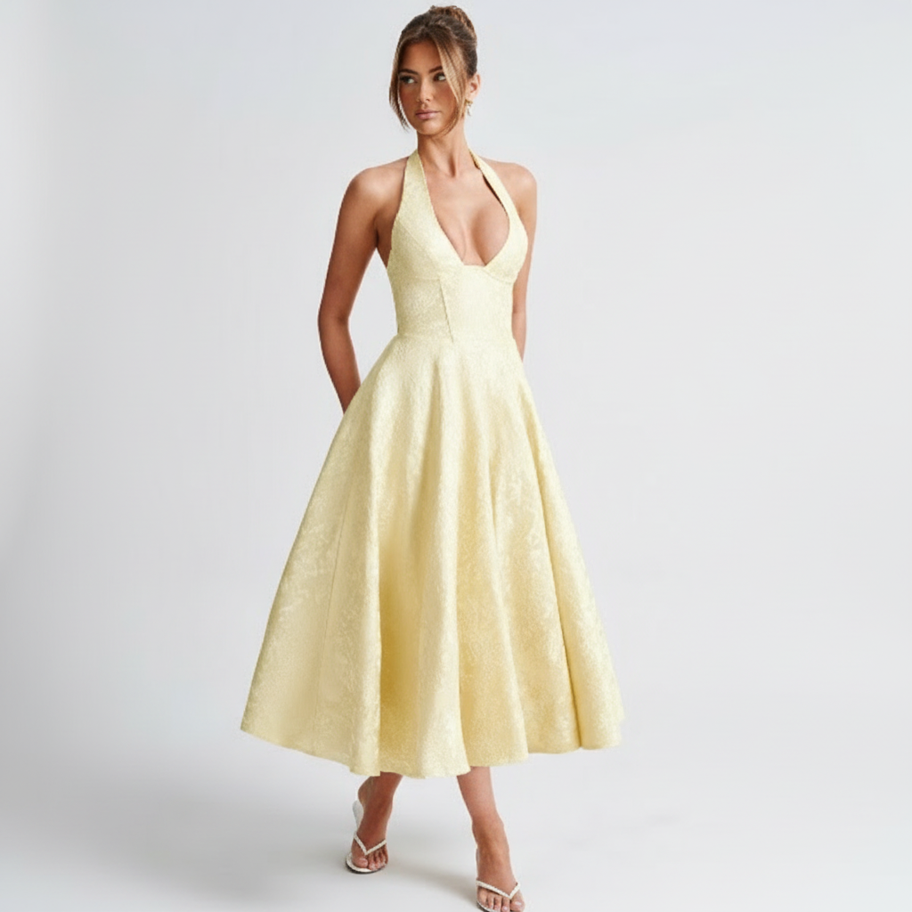 Olivia | Women's Wedding Guest Dress With Halter Neck And Pleated Skirt | Elegant