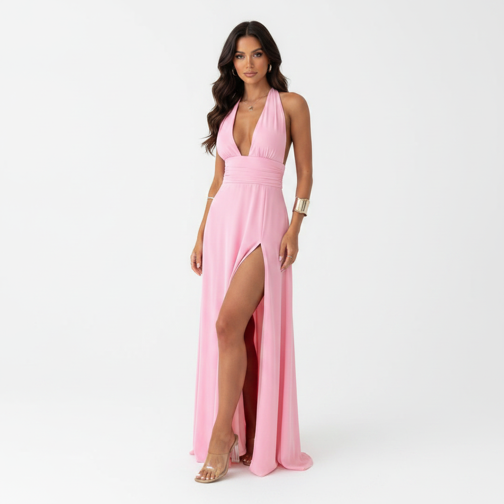 Olivia | Women's Wedding Guest Maxi Dress With Halter Neckline And Side Slit | Elegant