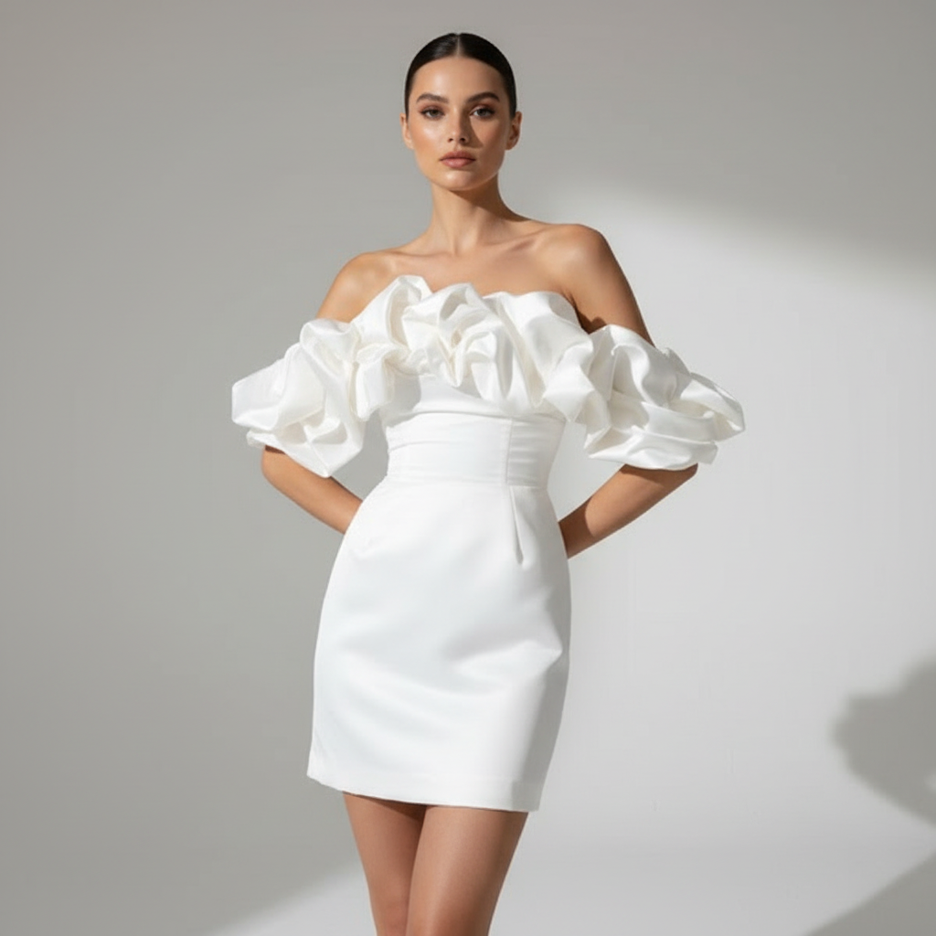 Olivia | Women's Wedding Guest Mini Dress With Strapless Neckline And Ruffle Detail | Elegant