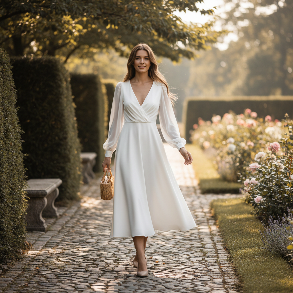Olivia | Women's Wedding Maxi Dress With V-Neck And Long Puff Sleeves | Elegant