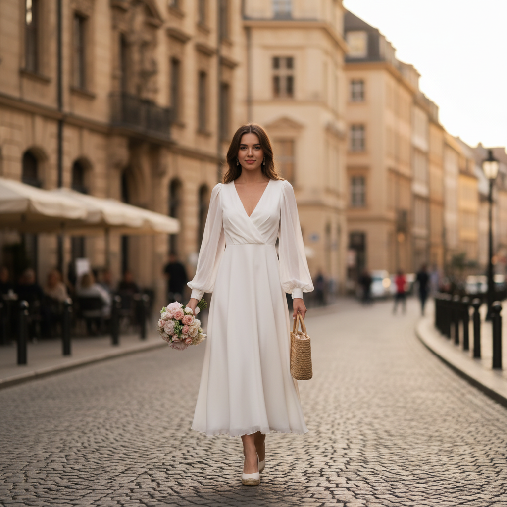 Olivia | Women's Wedding Maxi Dress With V-Neck And Long Puff Sleeves | Elegant