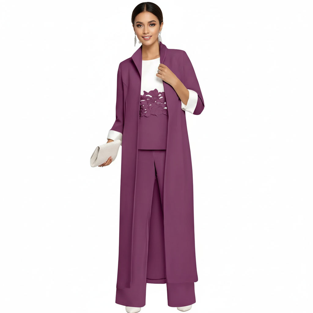 Olivia | Women's three Piece Set With Long Coat And Wide Leg Pants | Elegant