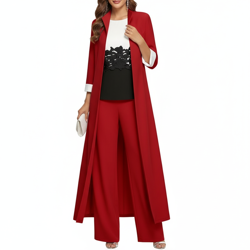 Olivia | Women's three Piece Set With Long Coat And Wide Leg Pants | Elegant