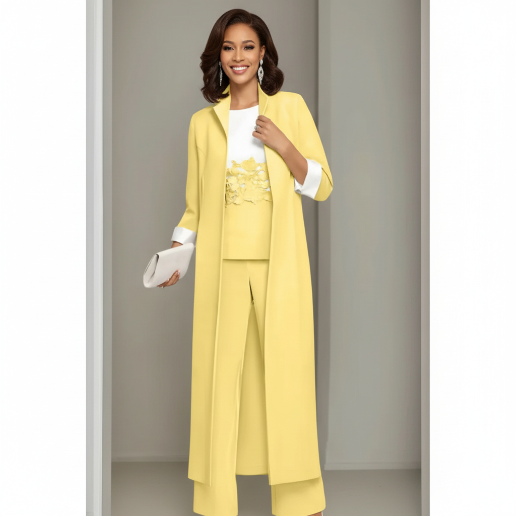 Olivia | Women's three Piece Set With Long Coat And Wide Leg Pants | Elegant