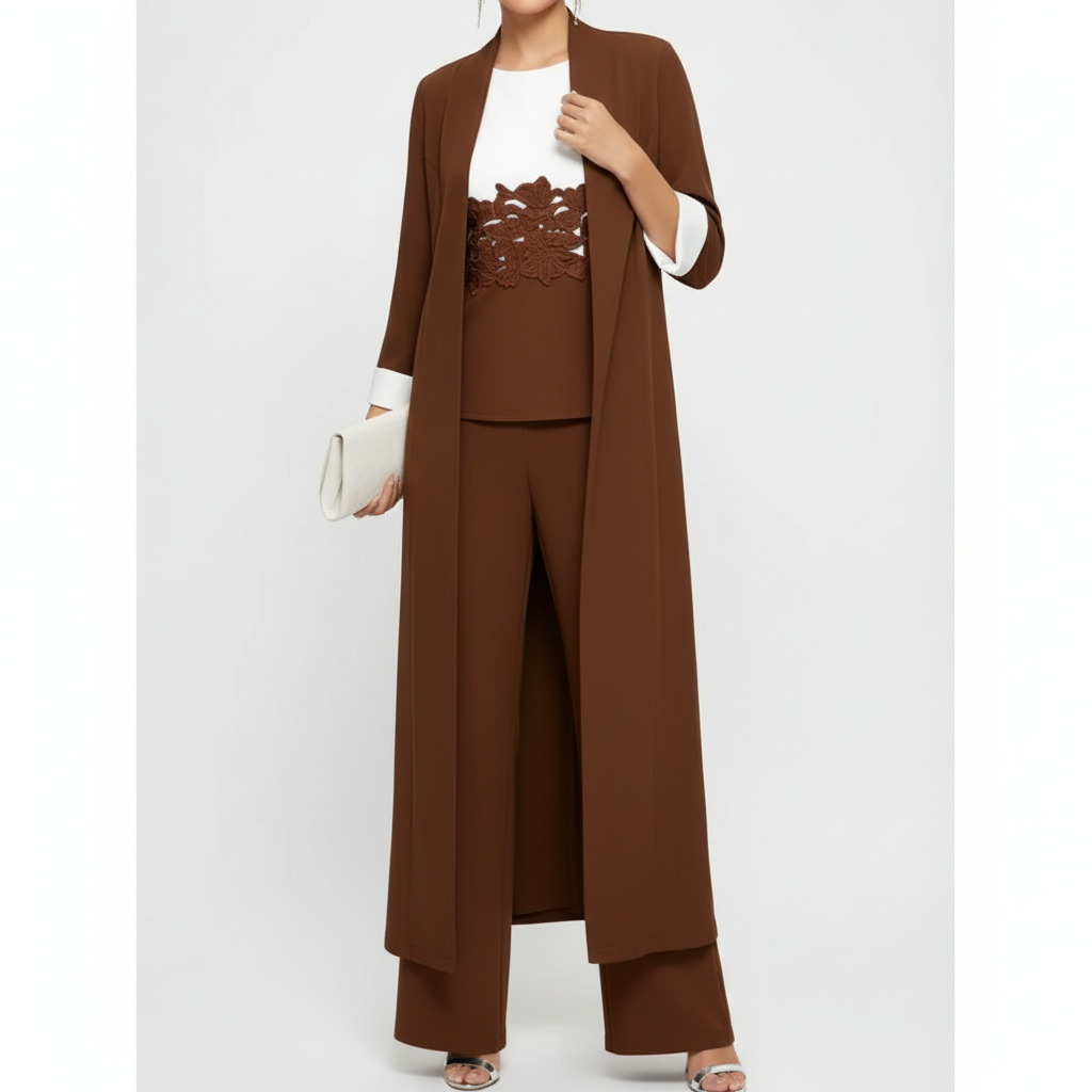 Olivia | Women's three Piece Set With Long Coat And Wide Leg Pants | Elegant