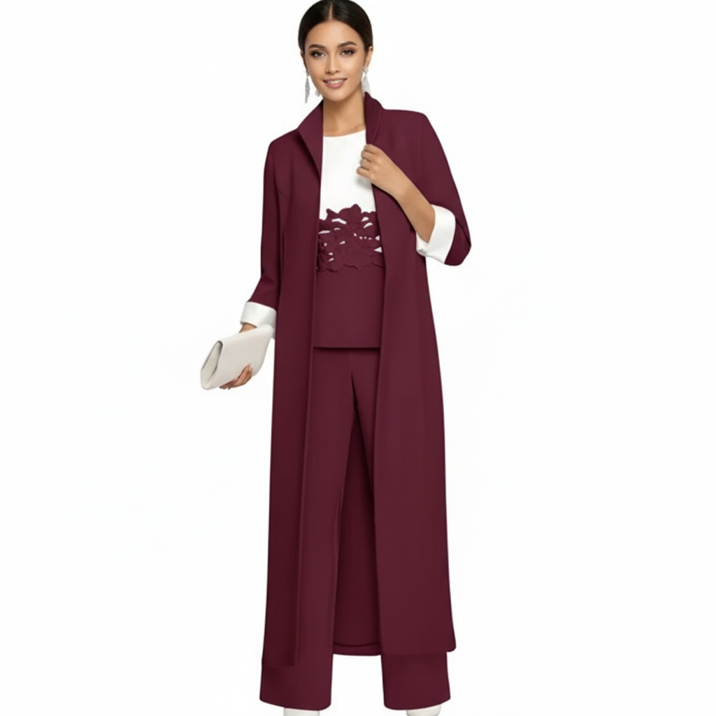 Olivia | Women's three Piece Set With Long Coat And Wide Leg Pants | Elegant