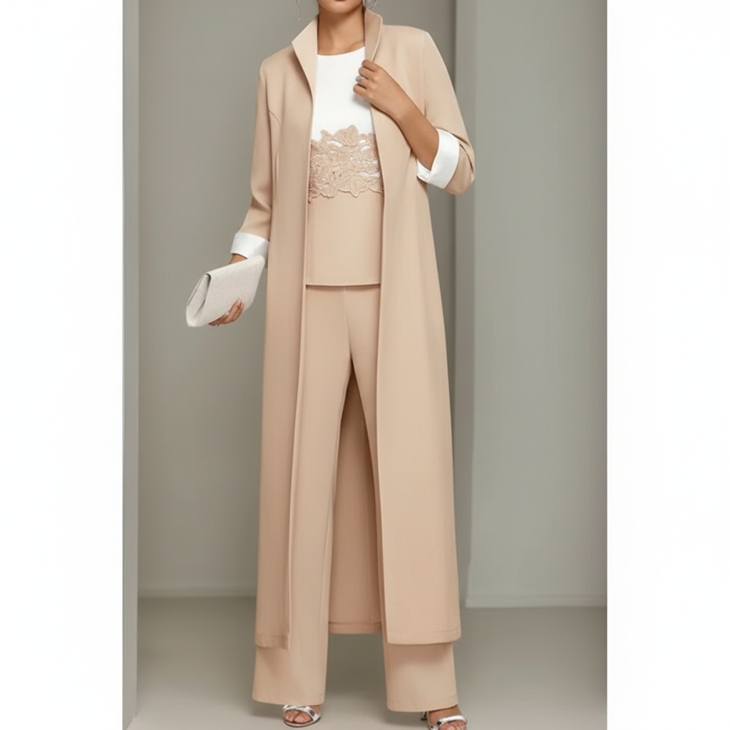 Olivia | Women's three Piece Set With Long Coat And Wide Leg Pants | Elegant