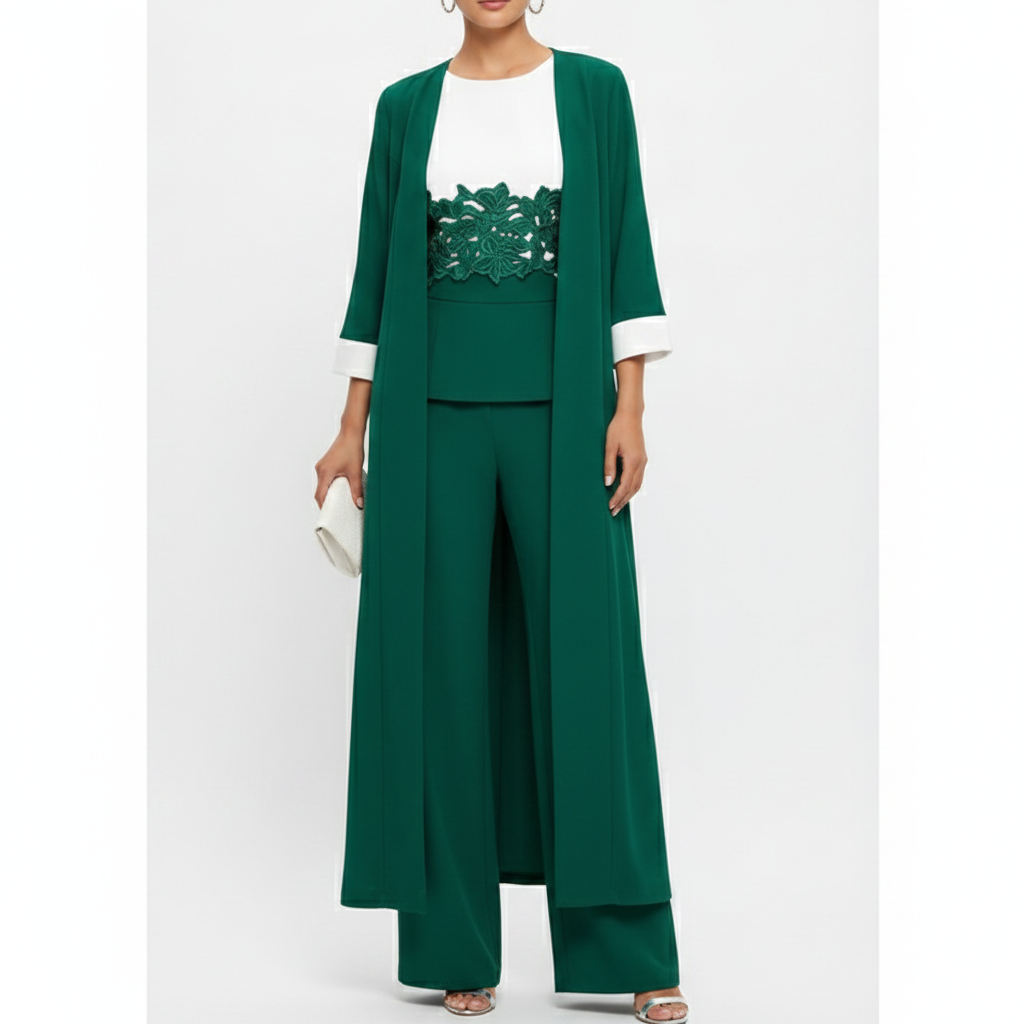 Olivia | Women's three Piece Set With Long Coat And Wide Leg Pants | Elegant