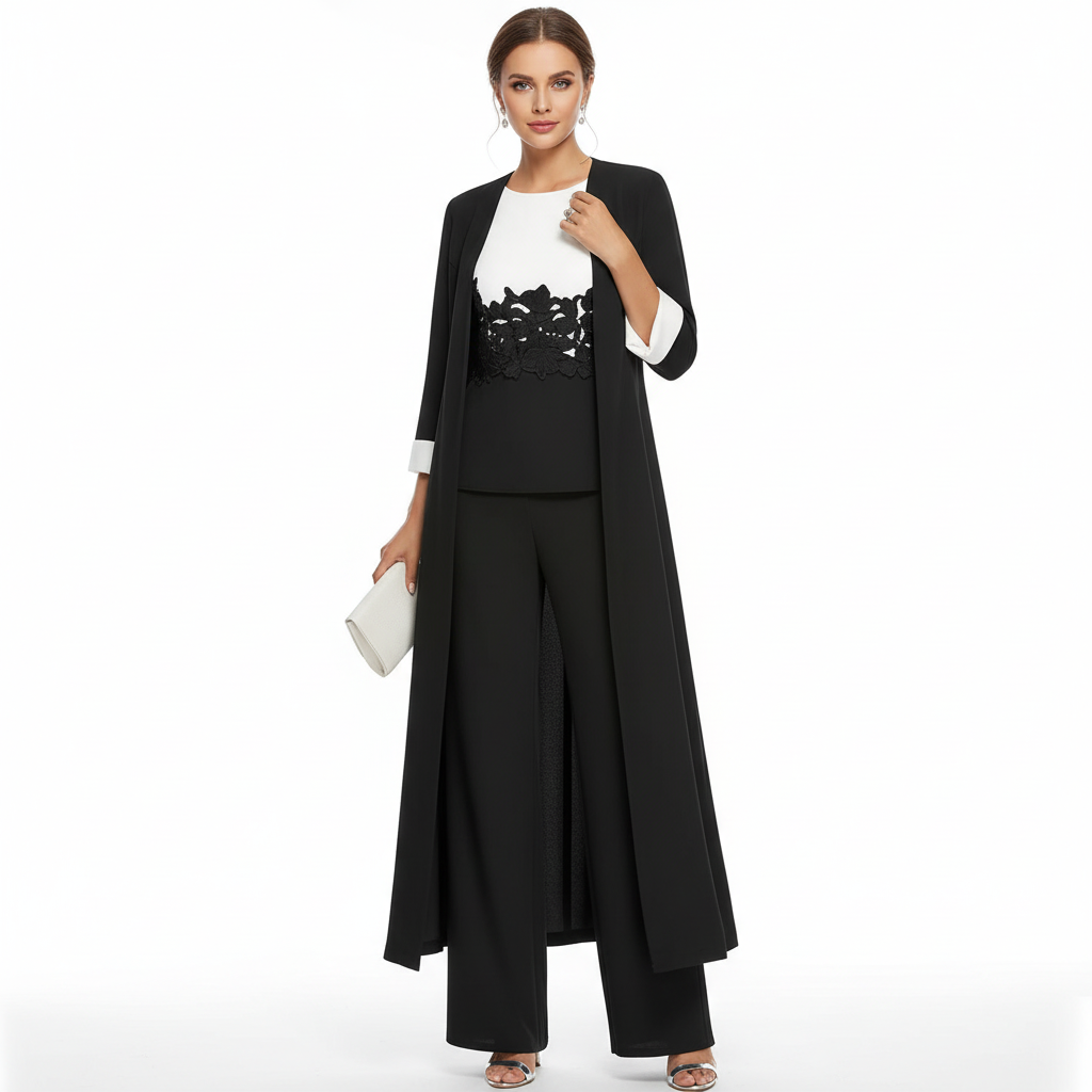 Olivia | Women's three Piece Set With Long Coat And Wide Leg Pants | Elegant