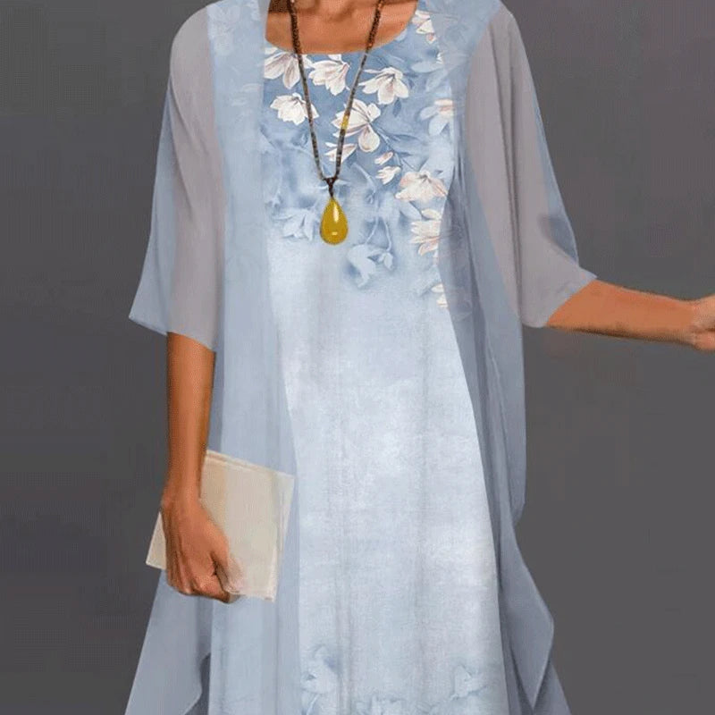 Rosalie | Women's Wedding Guest Dress With Floral Print And Mesh Overlay
