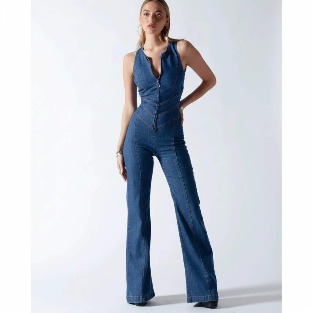 Serena | Women's Denim Jumpsuit With Front Zip And Waist Belt