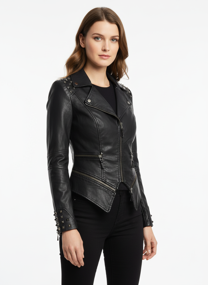 Serena | Women's Leather Jacket With Zipper Front And Quilted Detail