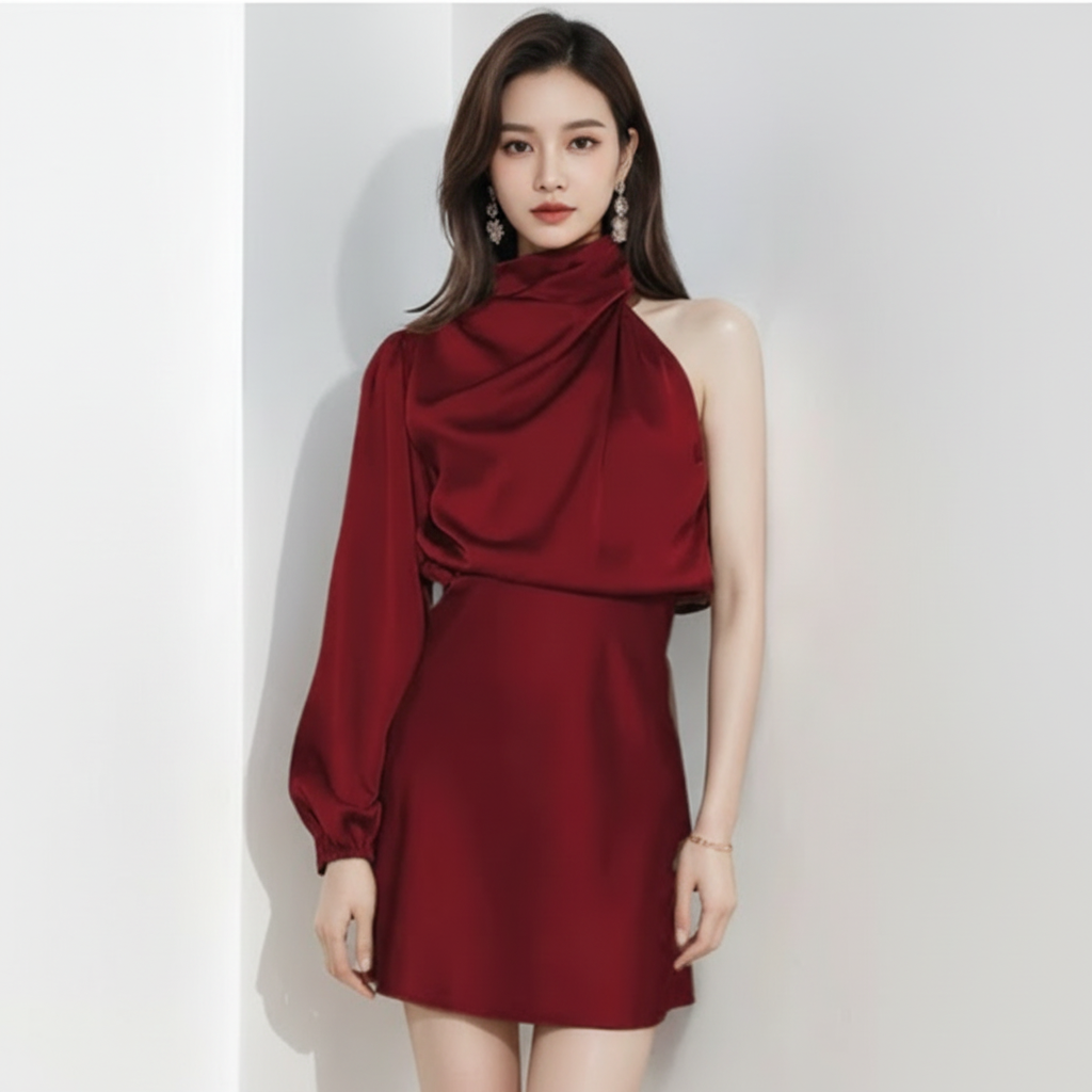 Serena | Women's Long Sleeve Mini Dress With One Shoulder And Asymmetric Cut
