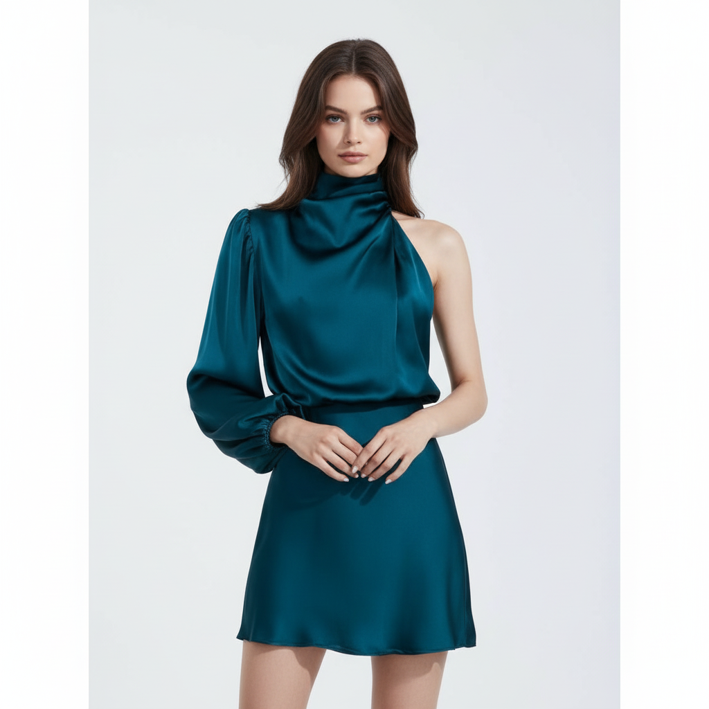 Serena | Women's Long Sleeve Mini Dress With One Shoulder And Asymmetric Cut